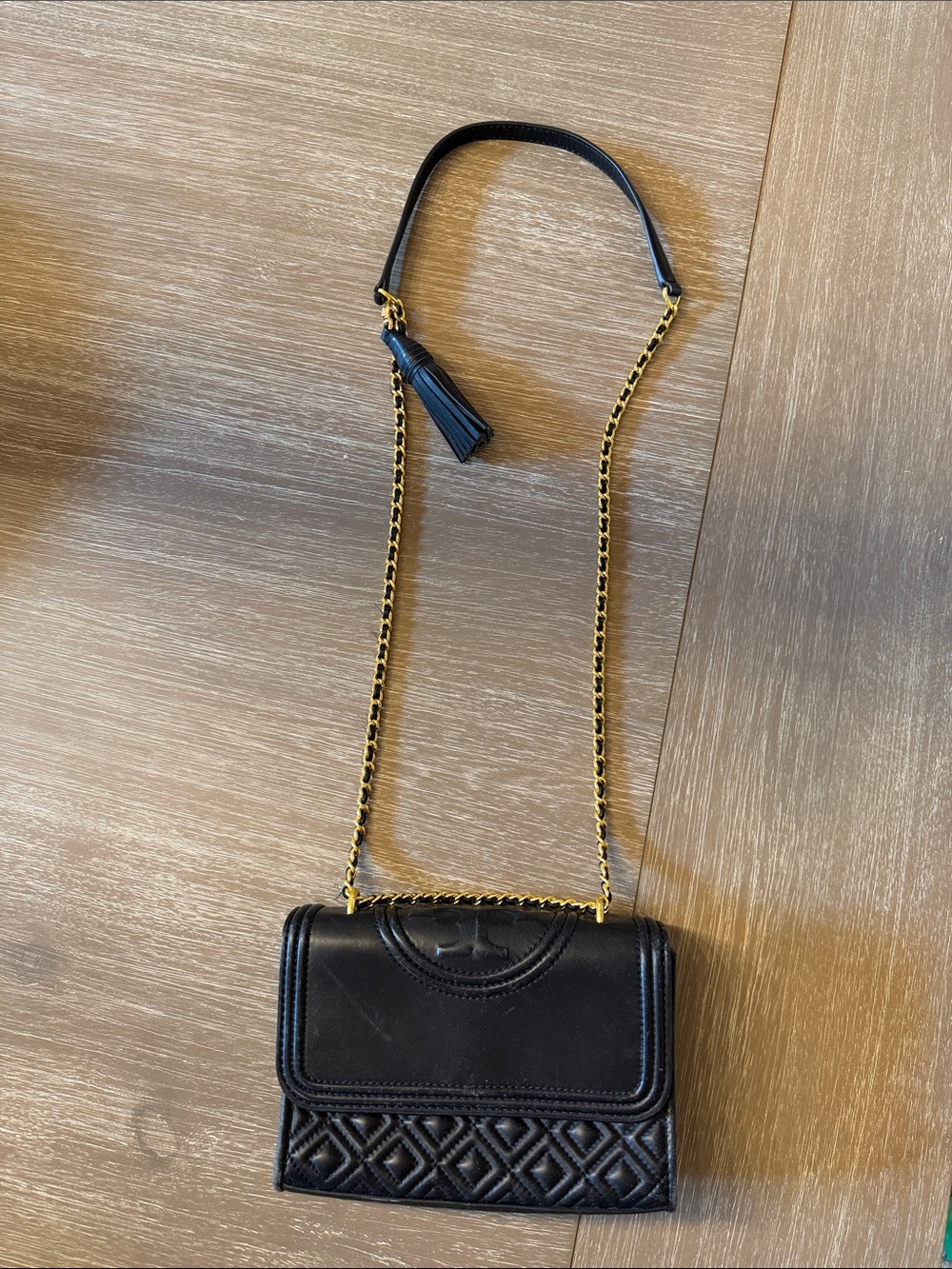 Tory Burch Black Quilted Leather Crossbody with Gold Chain and Tassel